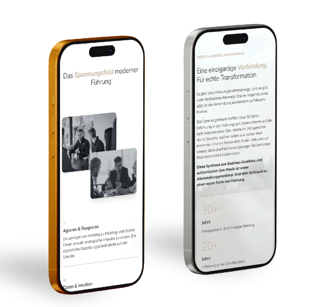 Content-Seiten der neuen Website von Core Alignment auf mobilen Geräten