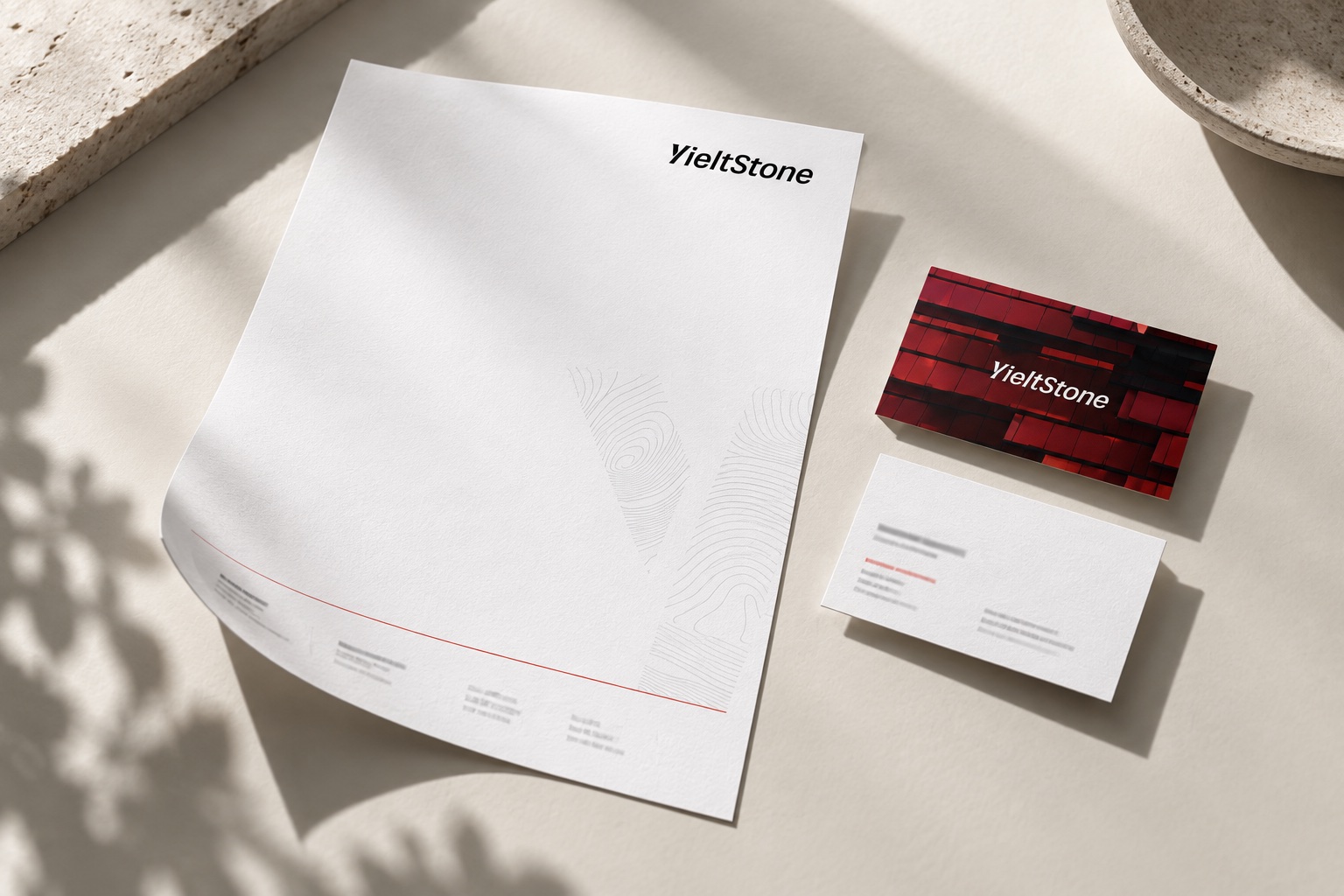 Mockup der YieltStone-Geschäftsausstattung mit Briefpapier und Visitenkarten