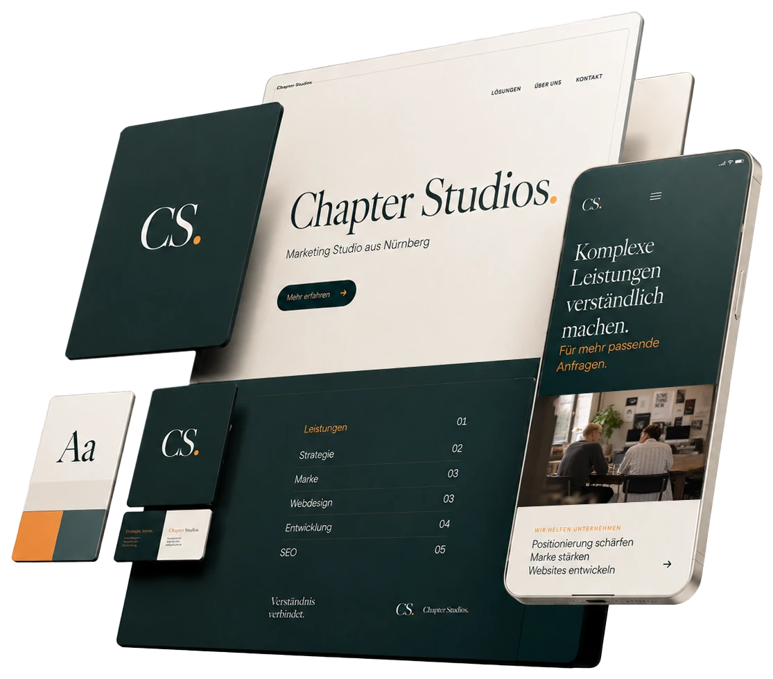 Markenauftritt von Chapter Studios: Website, mobile Ansicht und Geschäftsausstattung im Überblick
