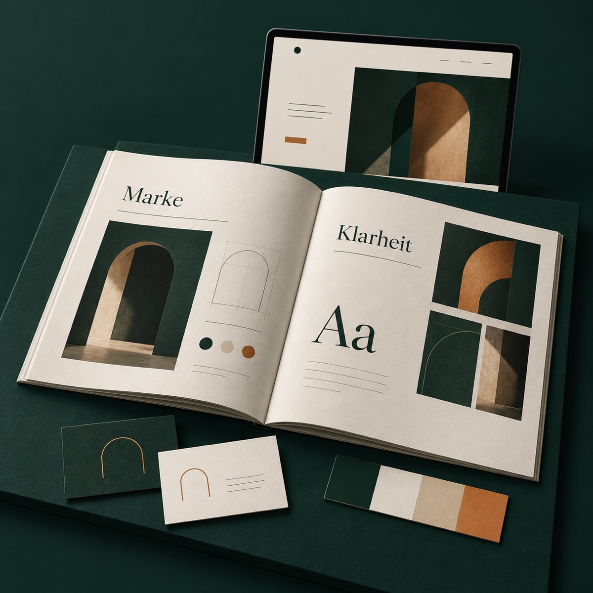 Konzeptvisualisierung für Corporate Design: einheitliche Gestaltung von Markenhandbuch, Website und Geschäftsausstattung