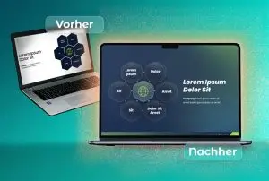 Vorher-Nachher Darstellung des Präsentations-Designs für TekkMinds AG – modernisierte Folien mit klarer visueller Sprache von Chapter Studios.
