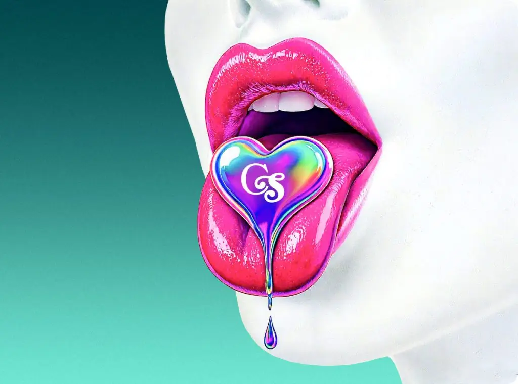Illustration eines roten Mundes mit herzförmigem Lollipop in Regenbogenfarben mit dem Logo der Werbeagentur Chapter Studios aus Nürnberg.