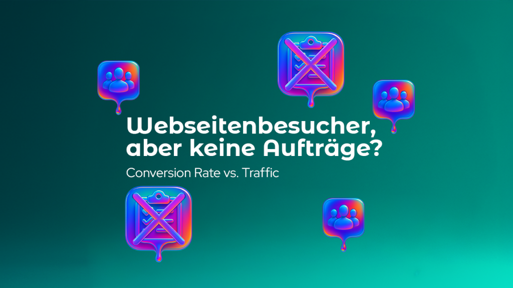 3D-Grafik mit der Frage: Webseitenbesucher, aber keine Aufträge? Visualisierung des Problems Traffic vs. Website Conversion Rate im B2B-Marketing.